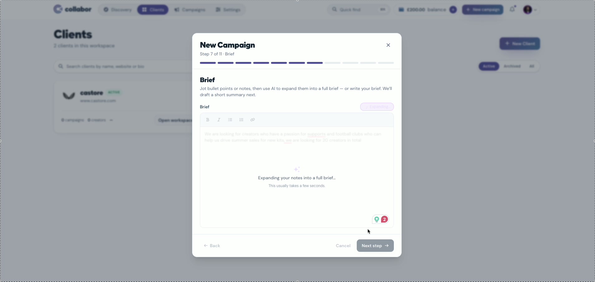 Collabor new campaign modal showing guided campaign basics with progress between stages