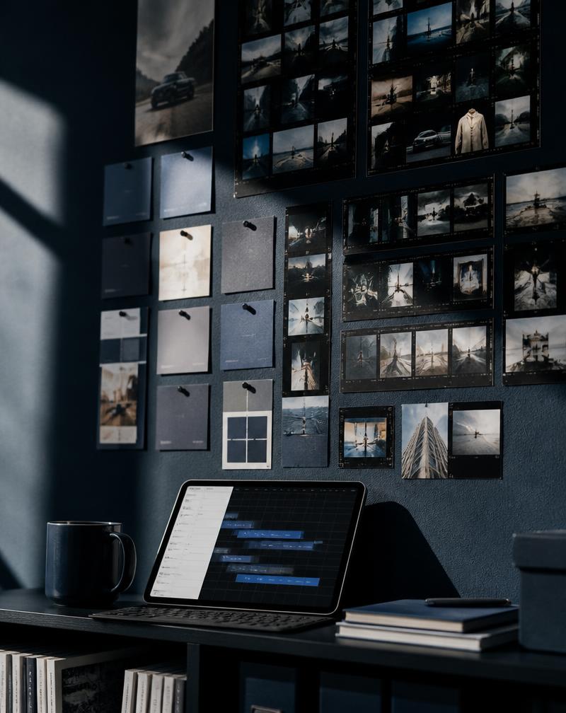 Agency planning wall with campaign timeline on a tablet